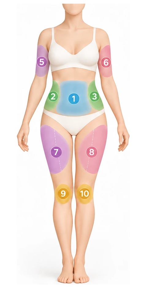 Körperzonen Vorderansicht: Bauch, Taille, Oberarme, Oberschenkel und Knie, jeweils links und rechts getrennt